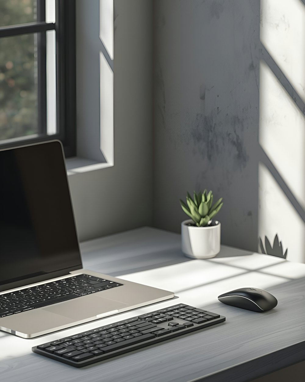Espacio de trabajo digital con computadora y luz natural.